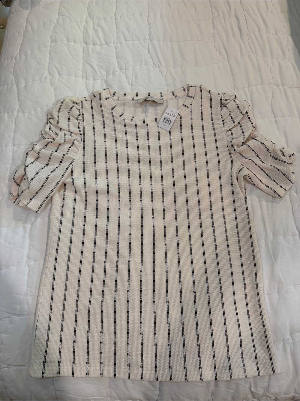 LOFT Cream Top with Black Vertical Stripes and Puff Sleeves